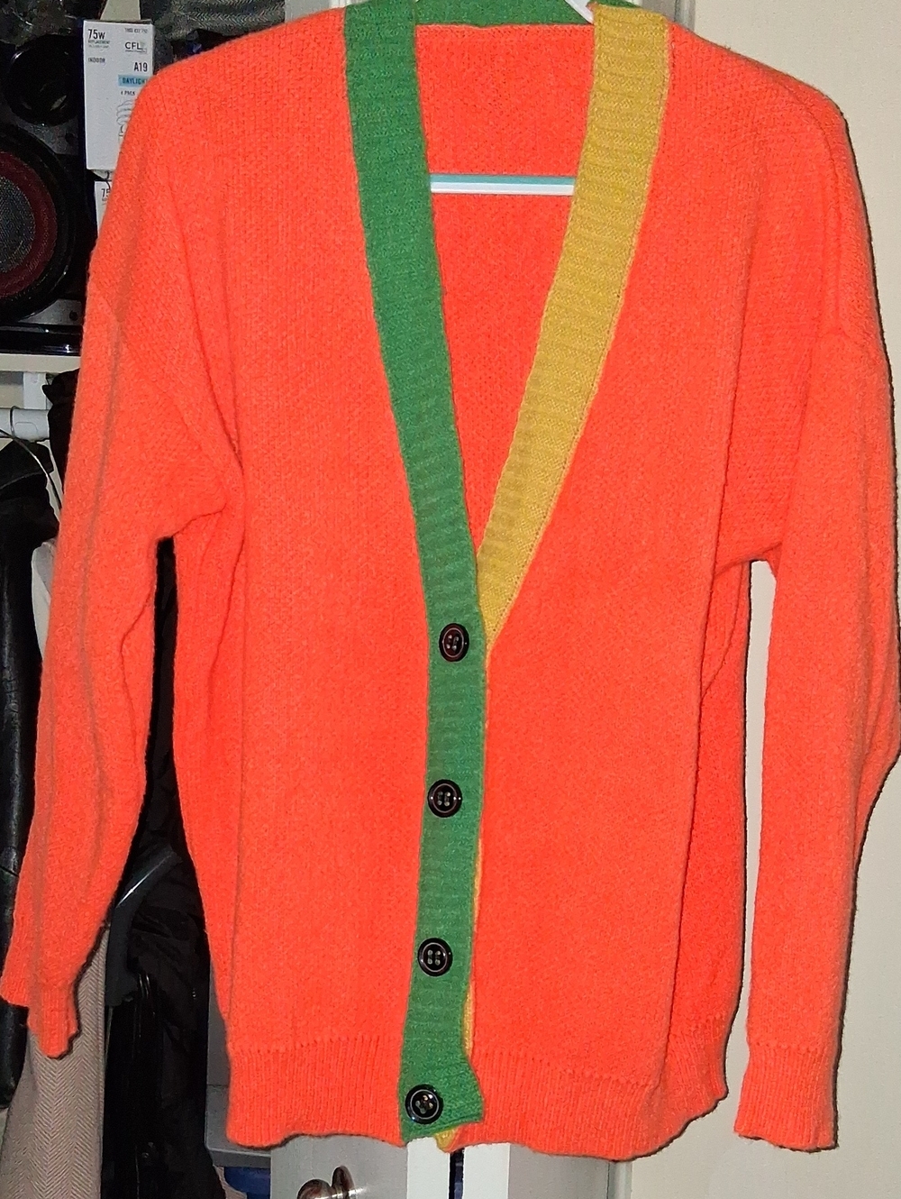 Women's Orange Cardigan with Green & Yellow Trim